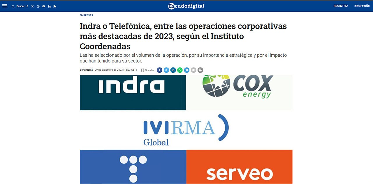 Indra o Telefnica, entre las operaciones corporativas ms destacadas de 2023, segn el Instituto Coordenadas
